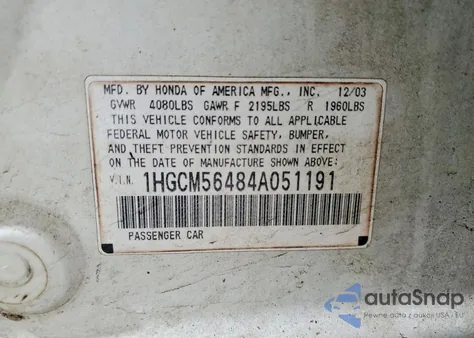 2004 Honda Accord Lx z USA, uszkodzony, nr VIN 1HGCM56484A051191